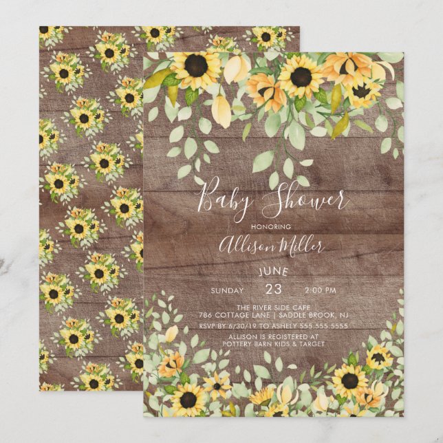 Rustic Autumn  Sunflower Floral Baby Shower Invitation (Front/Back)