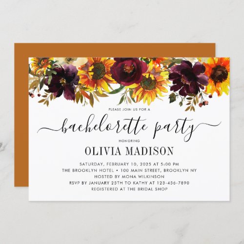 Rustic Autumn Sunflower Floral Bachelorette Party Invitation