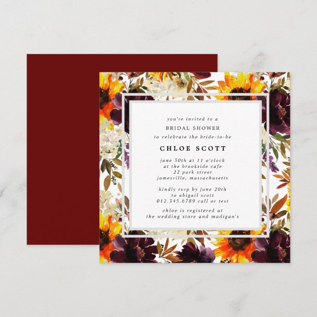 Rustic Autumn Sunflower Floral Bridal Shower Invitation (Front/Back)