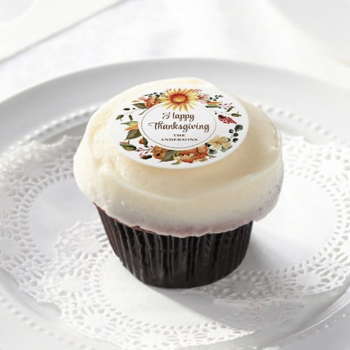 Rustic Autumn Sunflower Floral Thanksgiving Script Edible Frosting Rounds
