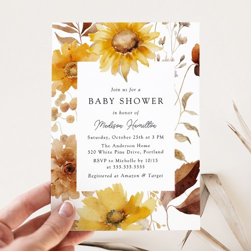 Rustic Autumn Sunflower Frame Baby Shower Invitation