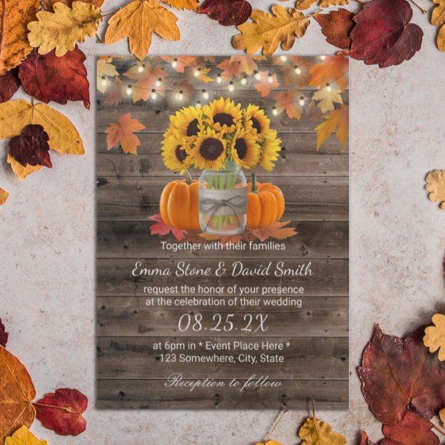 Rustic Autumn Sunflower Jar Pumpkins Fall Wedding Invitation (Creator Uploaded)