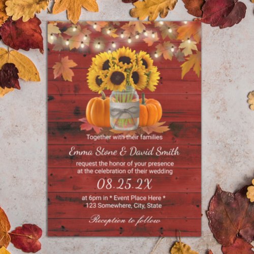 Rustic Autumn Sunflower Jar Pumpkins Red Barn Invitation