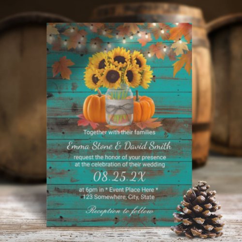 Rustic Autumn Sunflower Jar Pumpkins Teal Barn Invitation