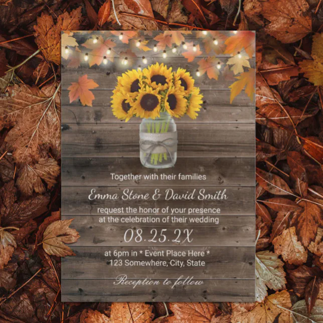 Rustic Autumn Sunflower Jar String Lights Wedding Invitation | Zazzle