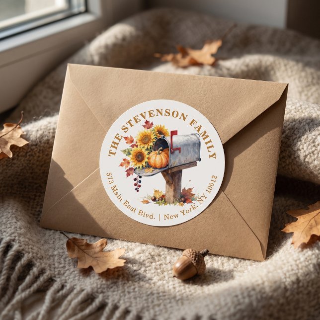 Rustic Autumn Sunflower Mailbox Thanksgiving  Classic Round Sticker (Creator Uploaded)