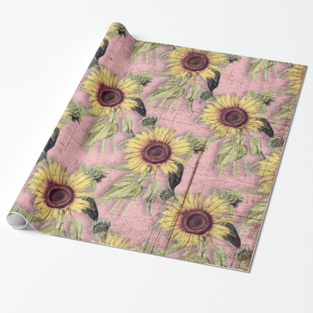 Rustic Autumn Sunflower Pattern Wrapping Paper (Unrolled)