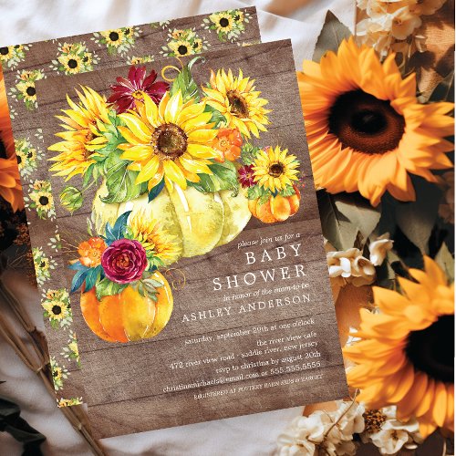 Rustic Autumn Sunflower Pumpkin Baby Shower Invitation