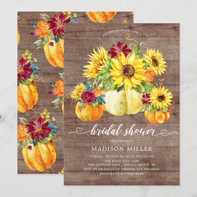 Rustic Autumn Sunflower Pumpkin Bridal Shower Invitation (Front/Back)