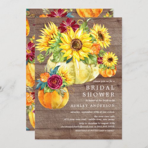 Rustic Autumn Sunflower Pumpkin Bridal Shower Invitation