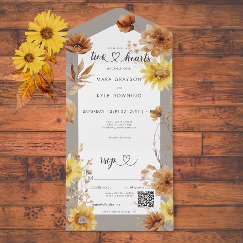 Rustic Autumn Sunflower Taupe  White QR Code All In One Invitation
