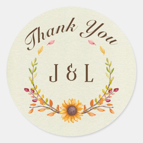 Rustic Autumn Sunflower Thank You  Classic Round Sticker