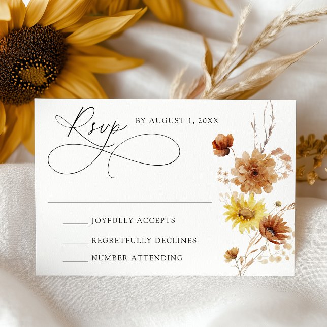 Rustic Autumn Sunflowers and Wildflowers Wedding RSVP Card (Creator Uploaded)