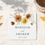 Rustic Autumn Sunflowers and Wildflowers Wedding Square Paper Coaster<br><div class="desc">Add a charming touch to your wedding reception with our Rustic Autumn Sunflowers and Wildflowers wedding paper coasters. Featuring a bouquet of hand-painted watercolor sunflowers, wildflowers, and vibrant fall foliage at the top, these coasters beautifully capture the essence of late summer and autumn. The warm color palette of yellow, orange,...</div>