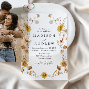 Rustic Autumn Sunflowers and Wildflowers Wedding Vellum Invitations