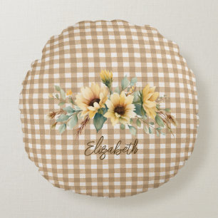 Rustic Autumn Sunflowers Gingham Personalized Round Pillow