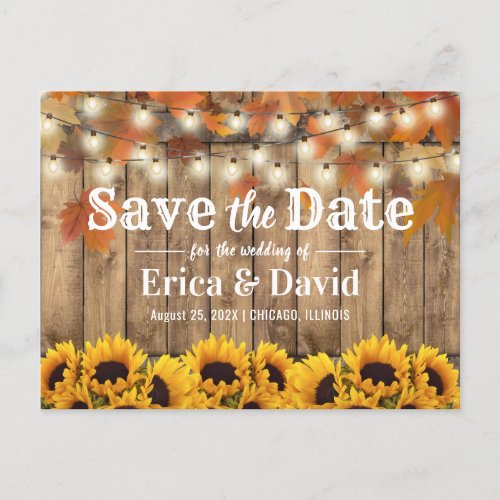 Rustic Autumn Sunflowers  Leaves Barn Wedding Announcement Postcard