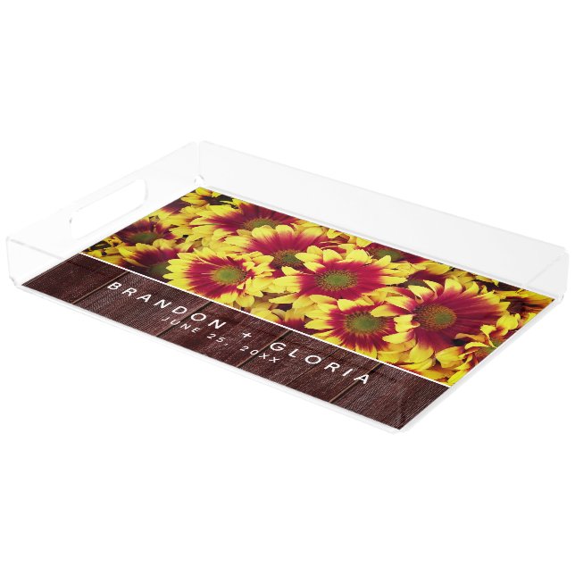 Rustic Autumn Sunflowers on Fence Wedding Acrylic Tray (Angled)