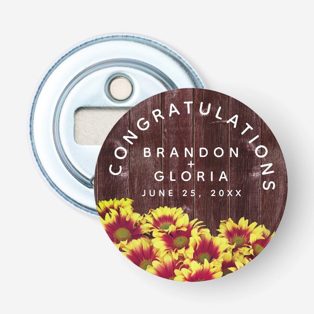 Rustic Autumn Sunflowers on Fence Wedding Bottle Opener (Front)