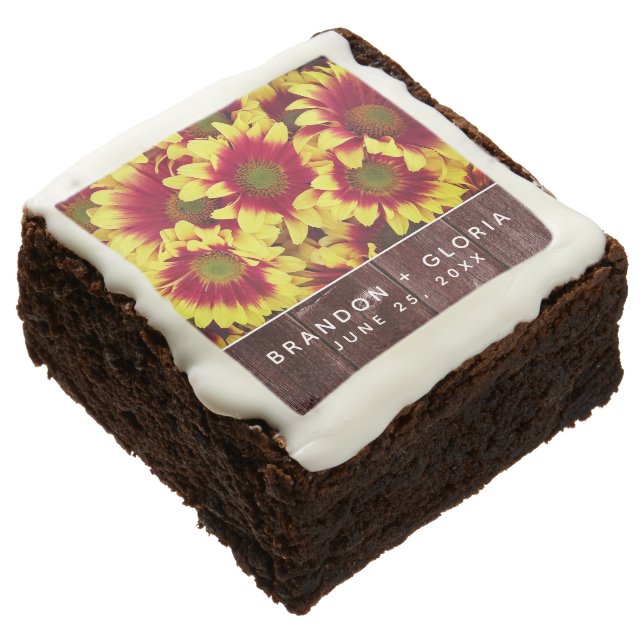Rustic Autumn Sunflowers on Fence Wedding Brownie (Angled)