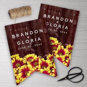 Rustic Autumn Sunflowers on Fence Wedding Bunting Flags