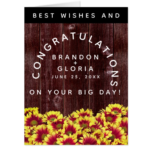 Rustic Autumn Sunflowers on Fence Wedding Card (Front)
