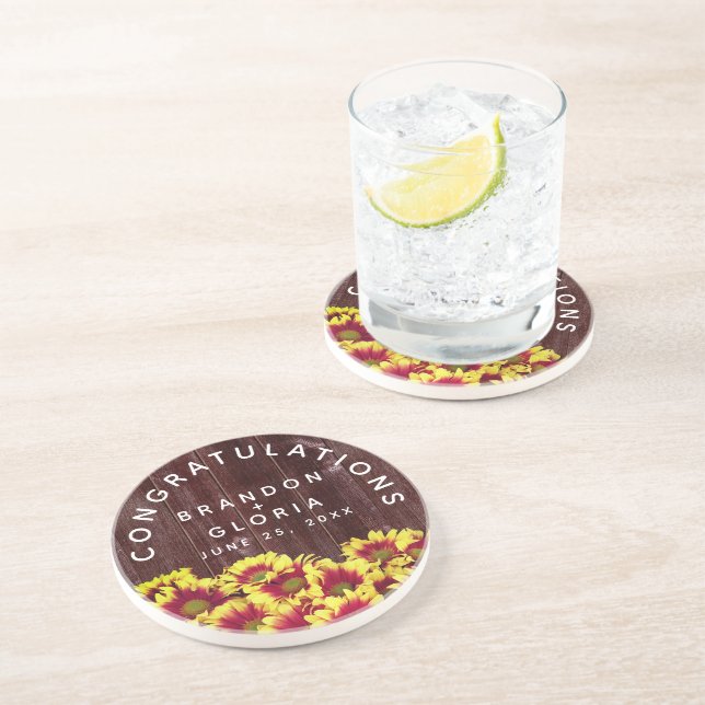 Rustic Autumn Sunflowers on Fence Wedding Coaster (Side)