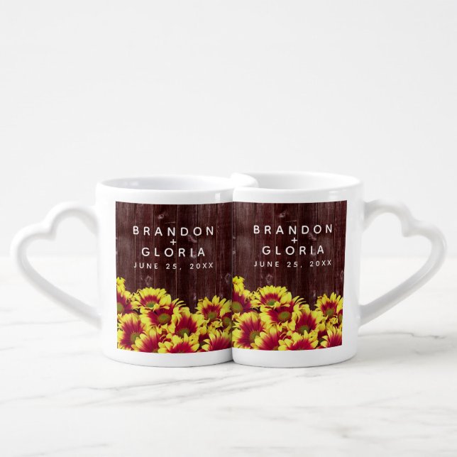 Rustic Autumn Sunflowers on Fence Wedding Coffee Mug Set (Front Nesting)