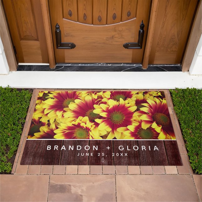 Rustic Autumn Sunflowers on Fence Wedding Doormat (Outdoor)