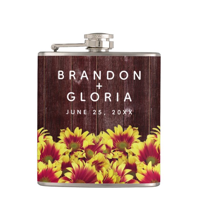 Rustic Autumn Sunflowers on Fence Wedding Flask (Front)