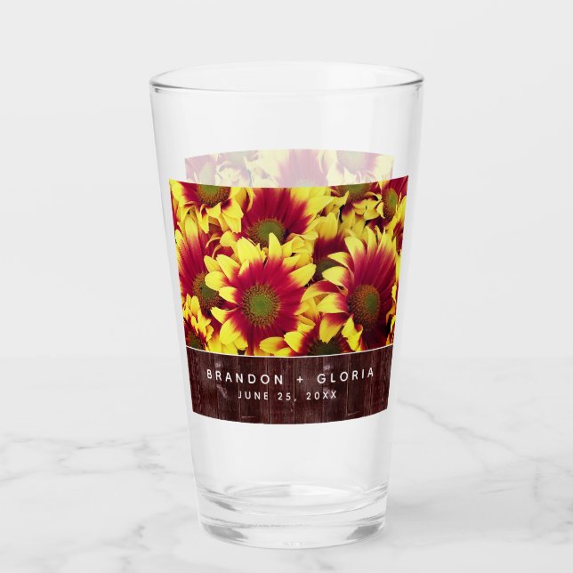 Rustic Autumn Sunflowers on Fence Wedding Glass (Front)