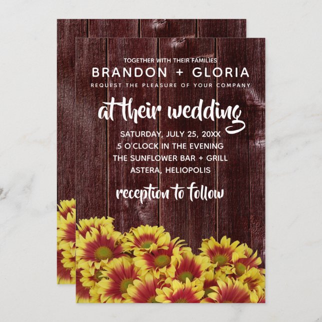 Rustic Autumn Sunflowers on Fence Wedding Invitation (Front/Back)