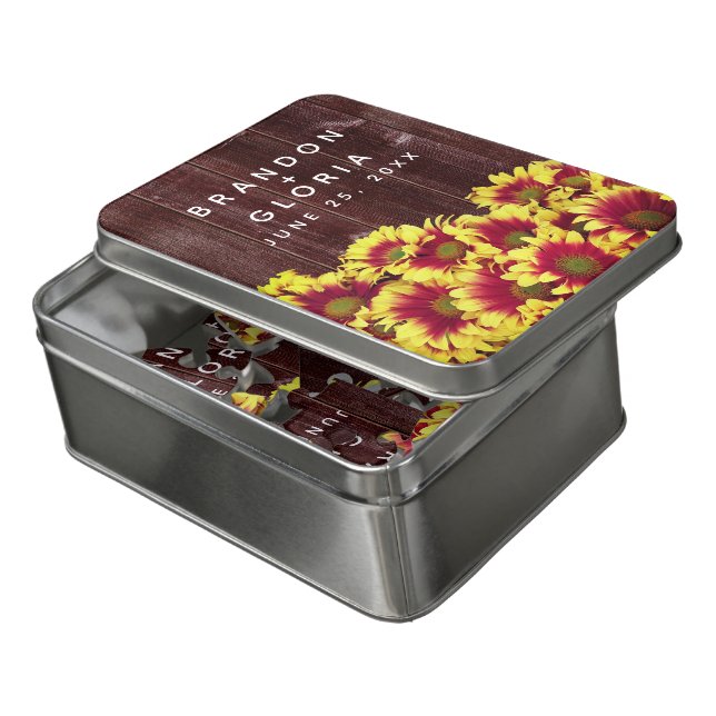 Rustic Autumn Sunflowers on Fence Wedding Jigsaw Puzzle (Lid Open)