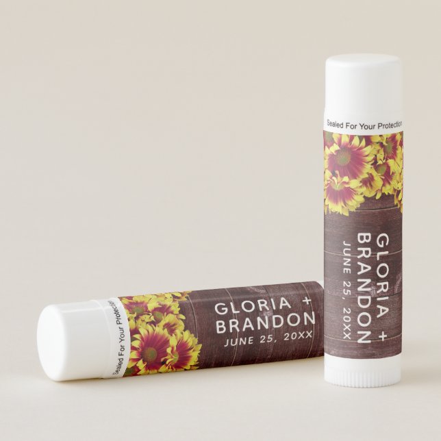 Rustic Autumn Sunflowers on Fence Wedding Lip Balm (Front)