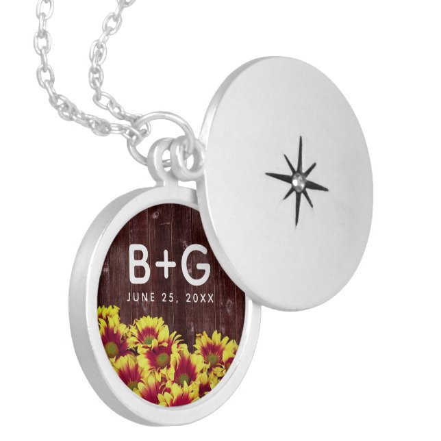 Rustic Autumn Sunflowers on Fence Wedding Locket Necklace (Front Left)