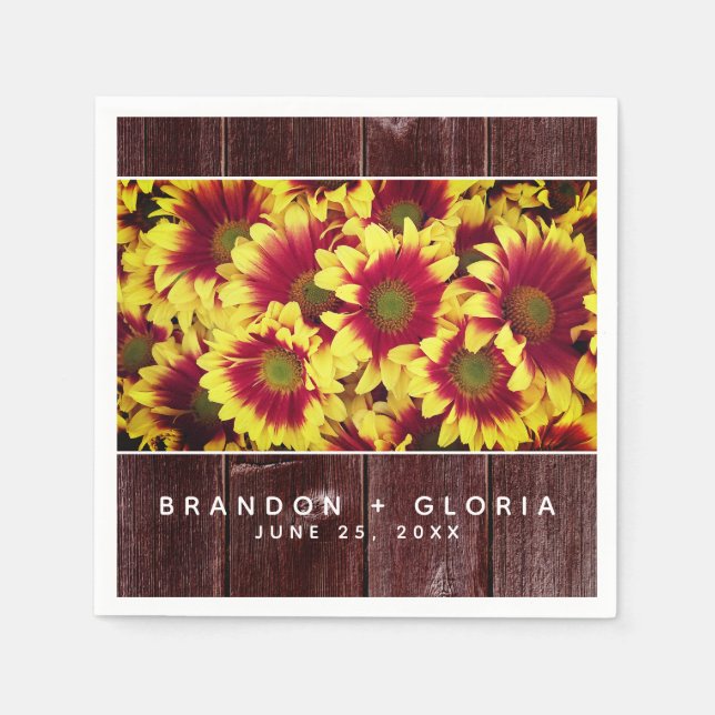 Rustic Autumn Sunflowers on Fence Wedding Napkins (Front)