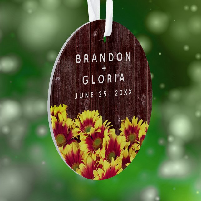 Rustic Autumn Sunflowers on Fence Wedding Ornament (Elegant Autumn Sunflowers on Rustic Wooden Fence Acrylic Ornament Cover Photo.)