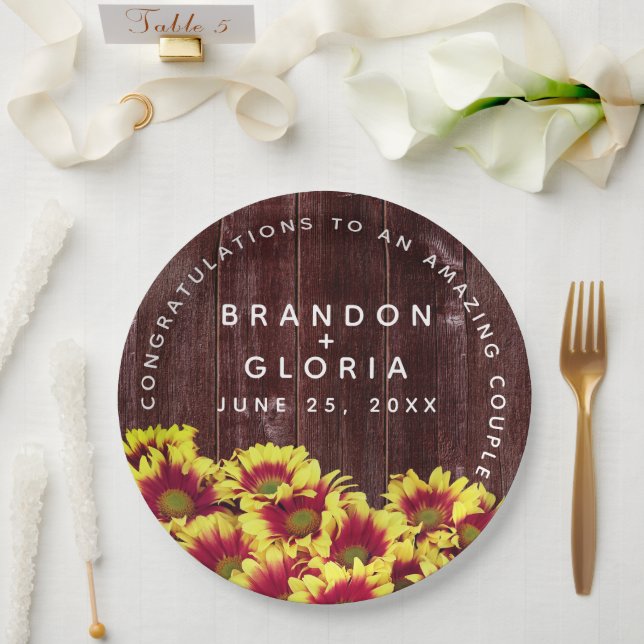 Rustic Autumn Sunflowers on Fence Wedding Paper Plates (Wedding)