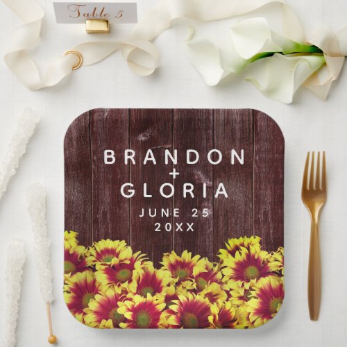 Rustic Autumn Sunflowers on Fence Wedding Paper Plates