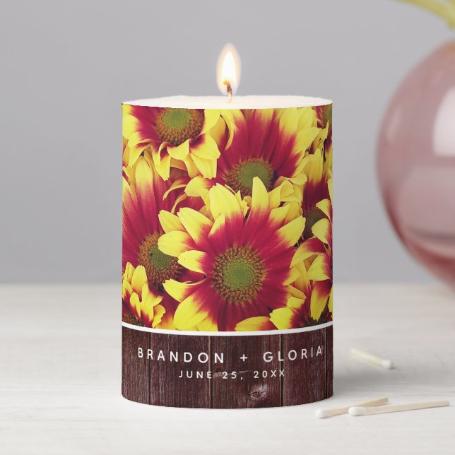 Rustic Autumn Sunflowers on Fence Wedding Pillar Candle (In Situ)
