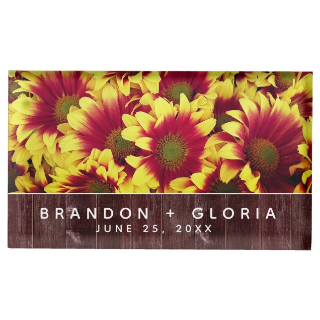 Rustic Autumn Sunflowers on Fence Wedding Place Card Holder (Front)