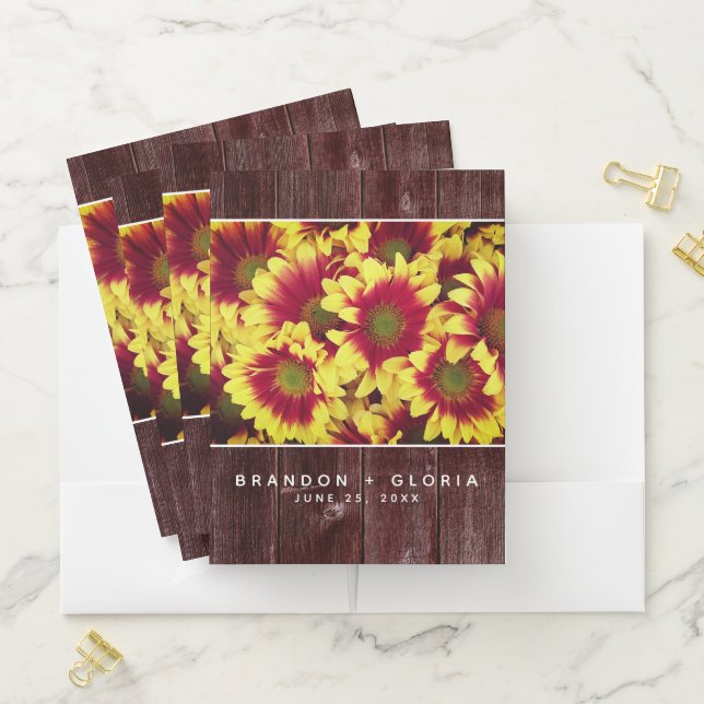 Rustic Autumn Sunflowers on Fence Wedding Pocket Folder (In Situ)