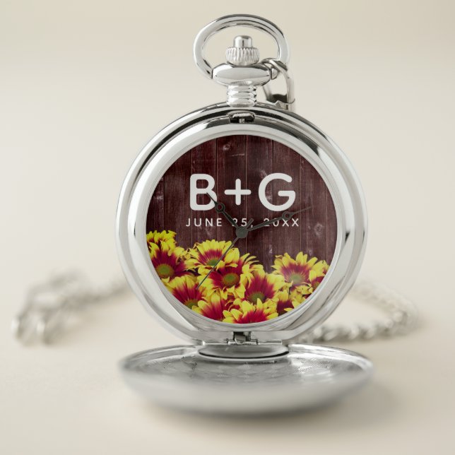 Rustic Autumn Sunflowers on Fence Wedding Pocket Watch (Inside)