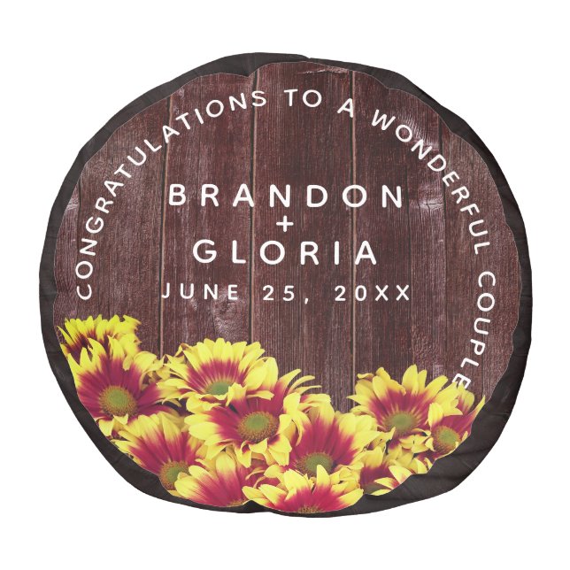 Rustic Autumn Sunflowers on Fence Wedding Pouf (Top)