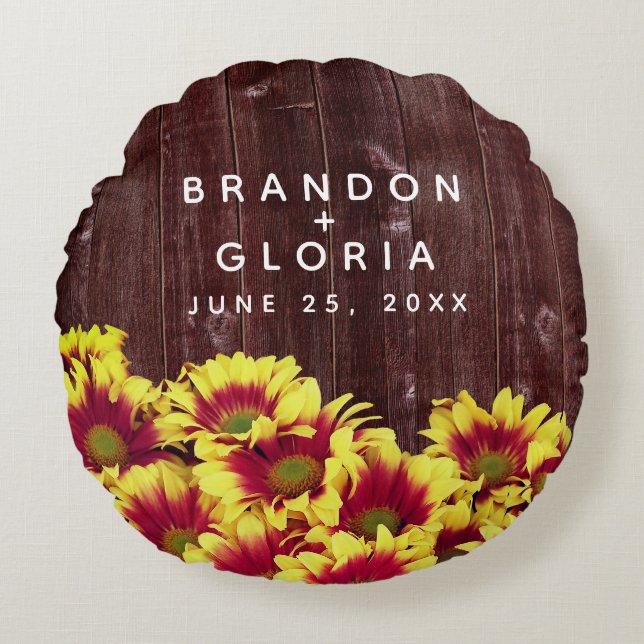 Rustic Autumn Sunflowers on Fence Wedding Round Pillow (Front)