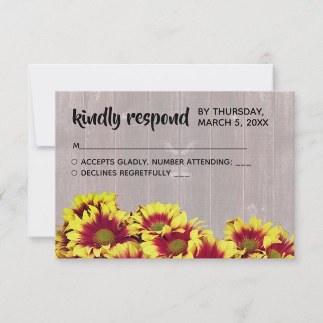Rustic Autumn Sunflowers on Fence Wedding RSVP Card (Front)