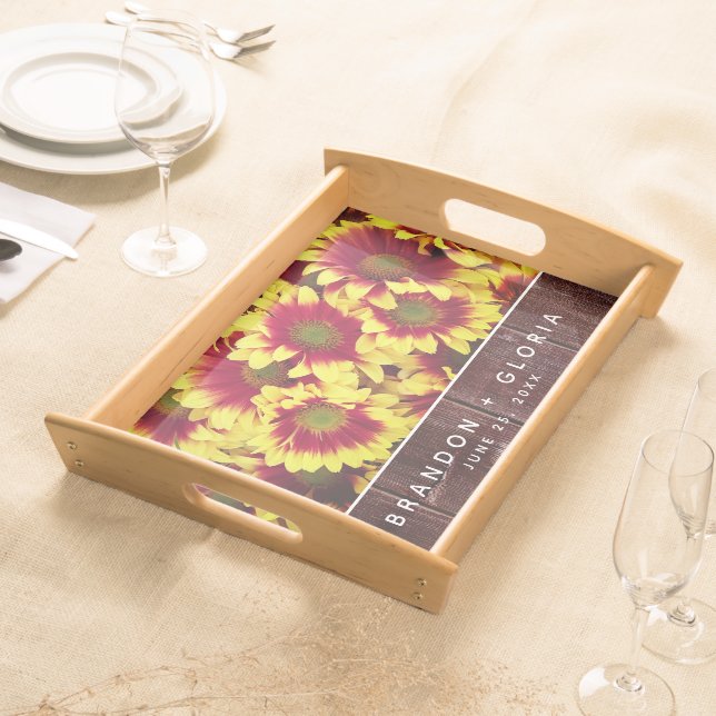 Rustic Autumn Sunflowers on Fence Wedding Serving Tray (Front)