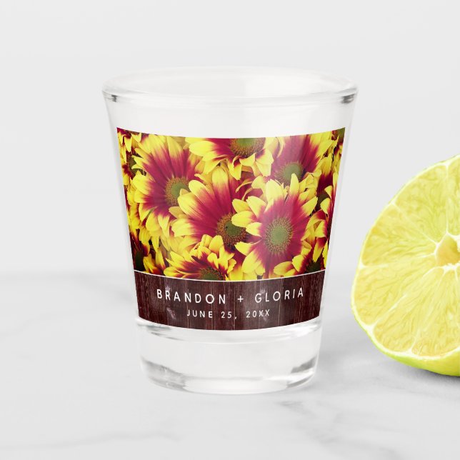Rustic Autumn Sunflowers on Fence Wedding Shot Glass (Front)