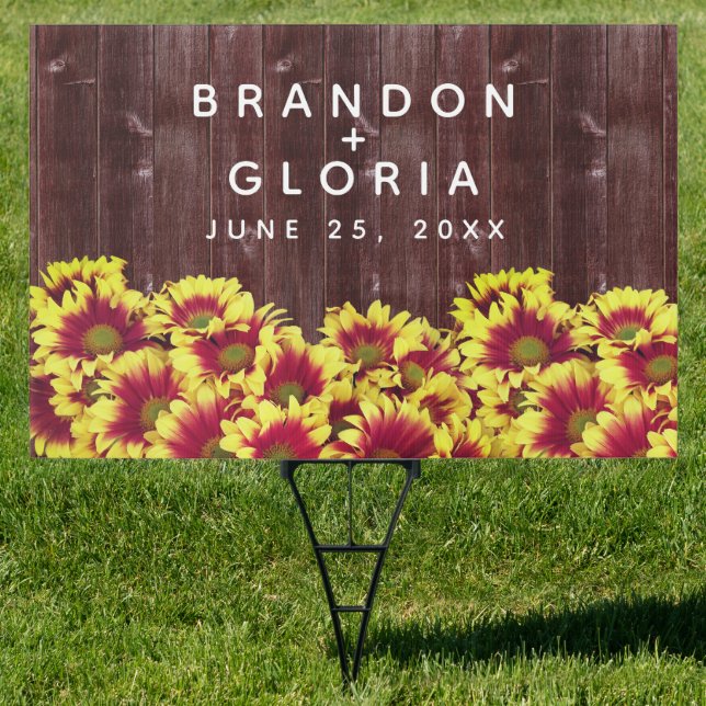 Rustic Autumn Sunflowers on Fence Wedding Sign (Insitu)