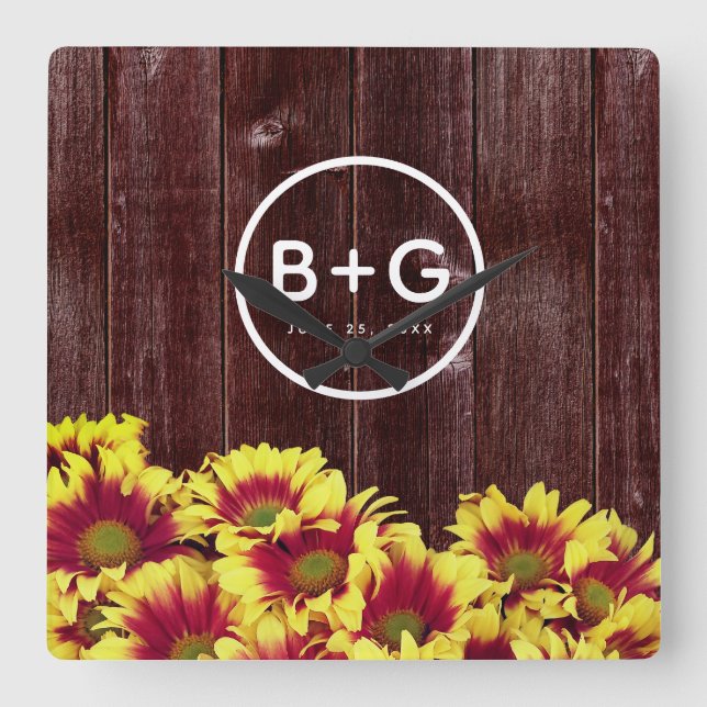 Rustic Autumn Sunflowers on Fence Wedding Square Wall Clock (Front)